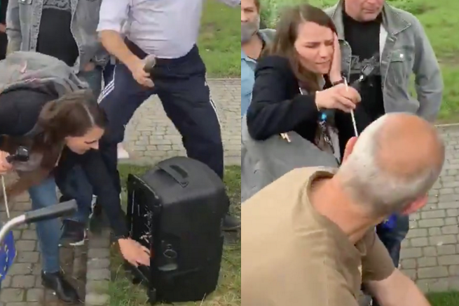 Dębica: Pomaska próbuje wyrwać kable od głośnika zwolennikowi Dudy