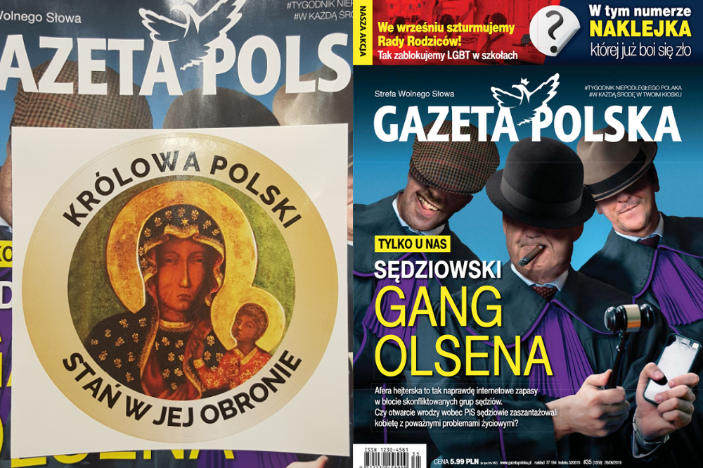 Naklejka z Matką Boską Królową Polski w "Gazecie Polskiej". "Stań w jej obronie"