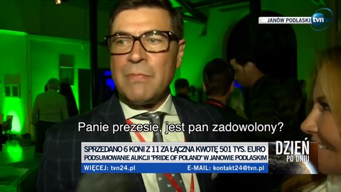 Prezes stadniny w Michałowie pytany o aukcję Pride of Poland kopnął operatora TVN24