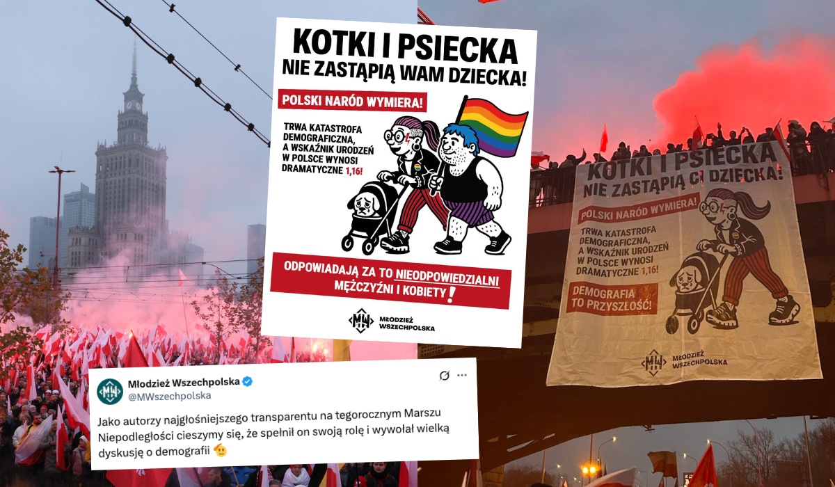 Młodzież Wszechpolska poprawiła swój słynny baner i przyznała, że mężczyźni też są odpowiedzialni za katastrofę demograficzną