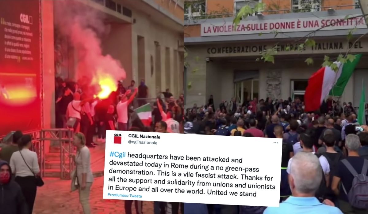 Rzym: protestujący antyszczepionkowcy, narodowcy i kibole zaatakowali siedzibę związków zawodowych