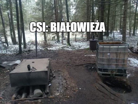 Służby rekwirują w lesie 115 litrów bimbru. "To na wesele syna"