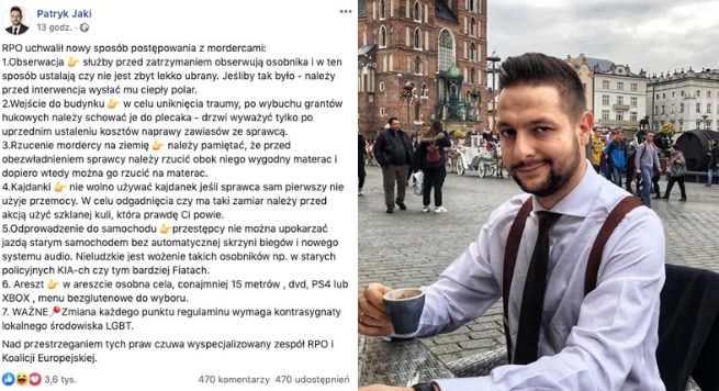 Patryk Jaki w krotochwilnym nastroju napisał pastę o tym, jak traktować podejrzanych według RPO