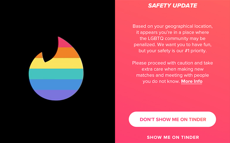 Tinder będzie ostrzegał użytkowników, gdy odwiedzają kraje, w których obowiązują przepisy anty-LGBT