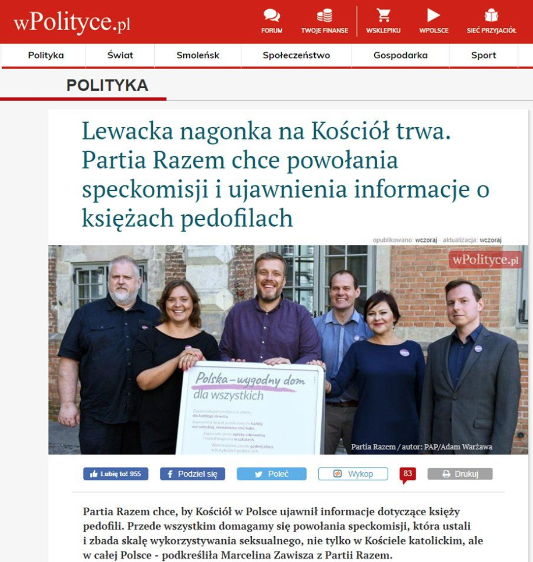 wPolityce.pl: "lewacka nagonka na Kościół. Partia Razem chce ujawnić informacje o księżach pe*ofilach":sob: