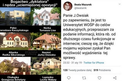Rzeczniczka PiS przeprasza Owsiaka za nieprawdziwe zdjęcie jego domu