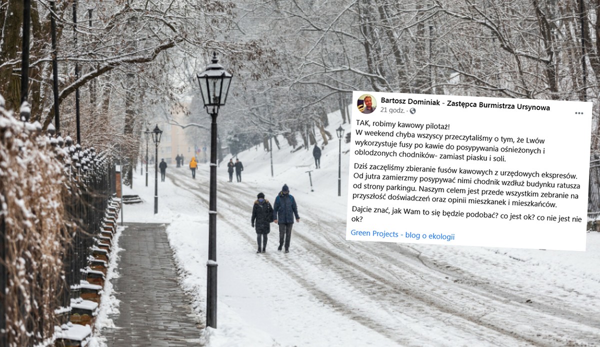 Ursynów: na chodnikach przy ratuszu będą sypać fusy z kawy zamiast soli i piasku