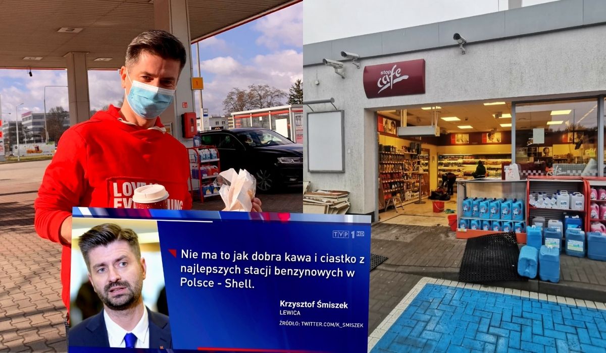 Wiadomości połączyły demolkę stacji Orlen ze zdjęciem Śmiszka z kawą z Shella