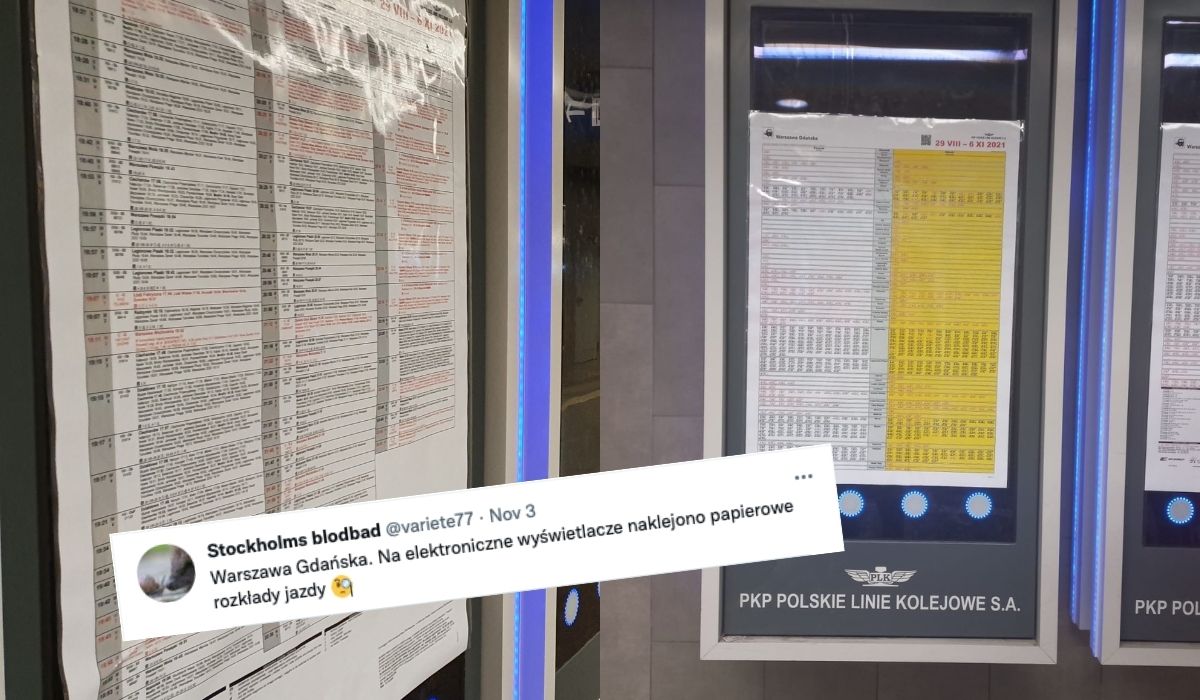 Warszawa Gdańska: PKP nakleiło papierowe rozkłady jazdy na wyświetlacze