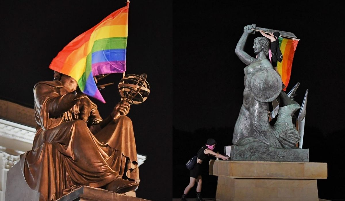 Aktywiści powiesili tęczowe flagi na pomnikach w Warszawie