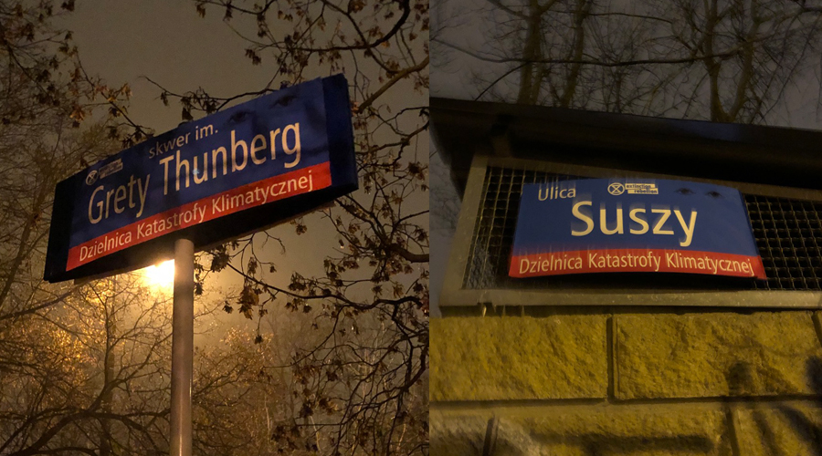Extinction Rebellion w nocy zmieniło nazwy warszawskich ulic: "skwer Grety Thunberg”, “Suszy”, “Uchodźców Klimatycznych"