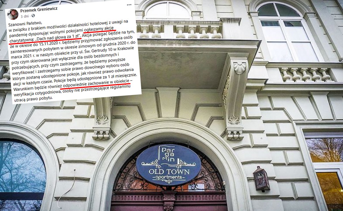 Kraków: hotel zorganizował akcję charytatywną i oferuje bezdomnym pokoje za złotówkę