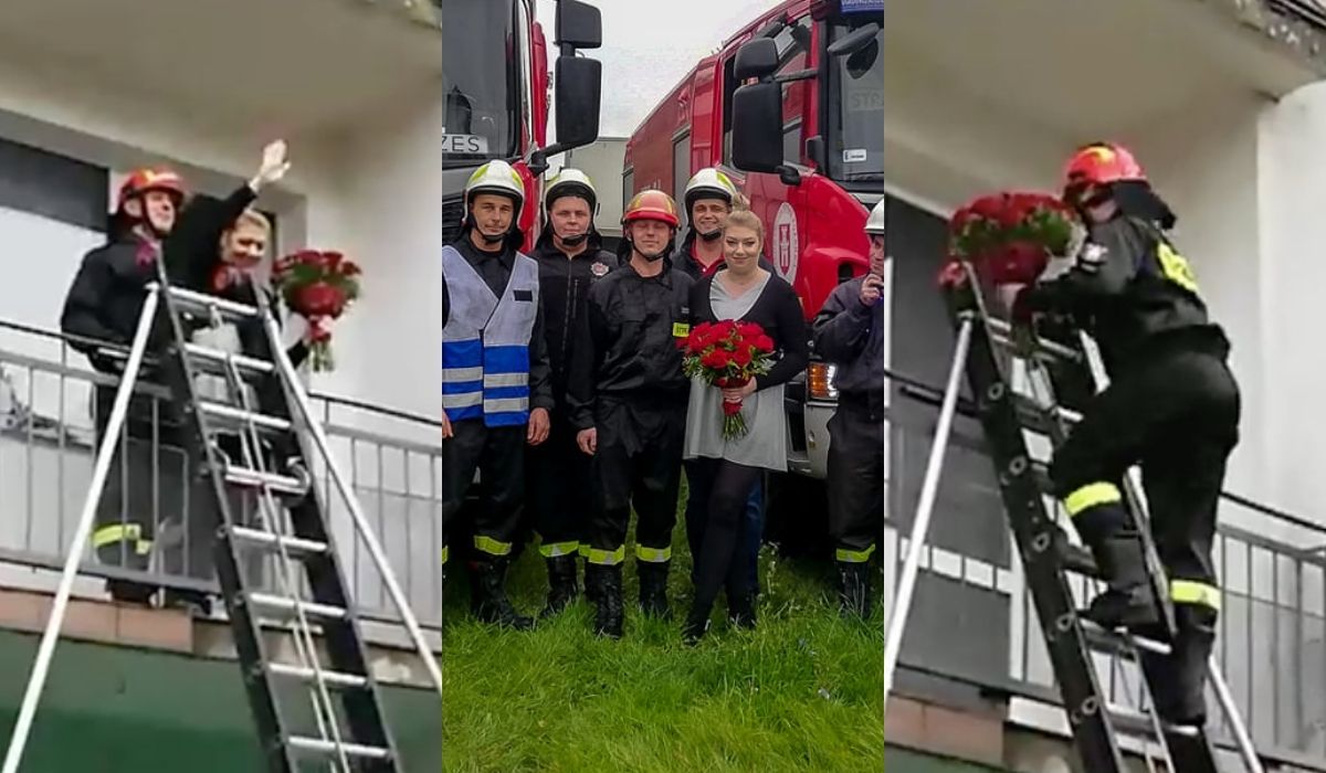 Wysoka: strażacy z OSP pomogli druhowi Tomaszowi dość widowiskowo się oświadczyć