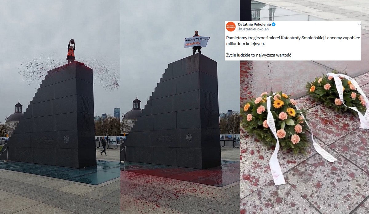 Aktywiści Ostatniego Pokolenia oblali farbą pomnik smoleński, ostrzegają, że "lecimy w stronę katastrofy"