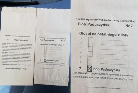 Kandydat na radnego Łodzi reklamuje się na torebkach na psie odchody