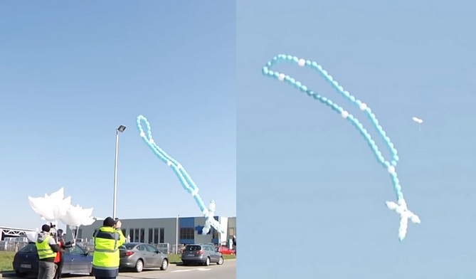 Kornice: pracownicy Eko Okien wypuścili w świat dmuchane gołębie i dmuchany różaniec