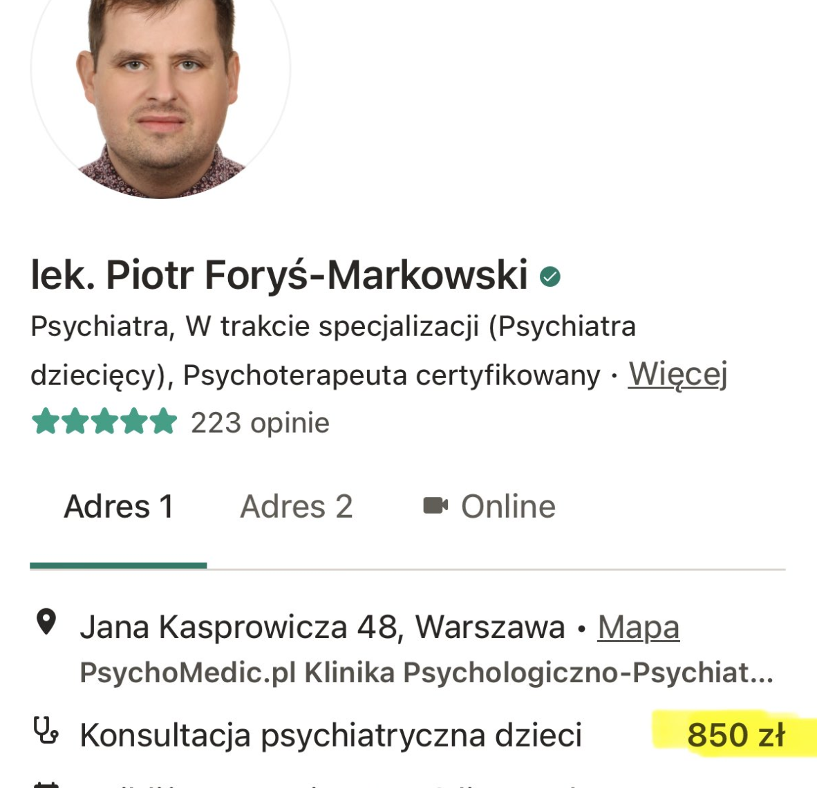 Konsultacja psychiatryczna dzieci z lekarzem w trakcie specjalizacji: 850 zł