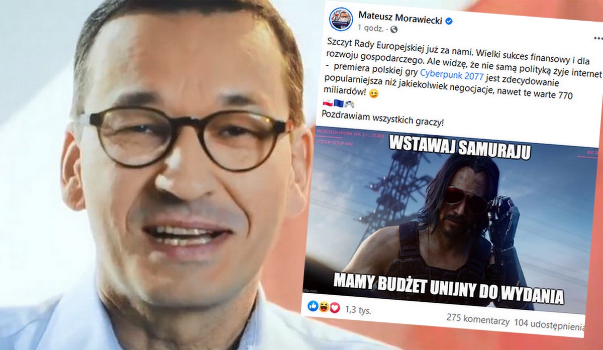 Premier Morawiecki chwali się sukcesem i zapuszcza mema z Cyberpunkiem, taki jest fajny