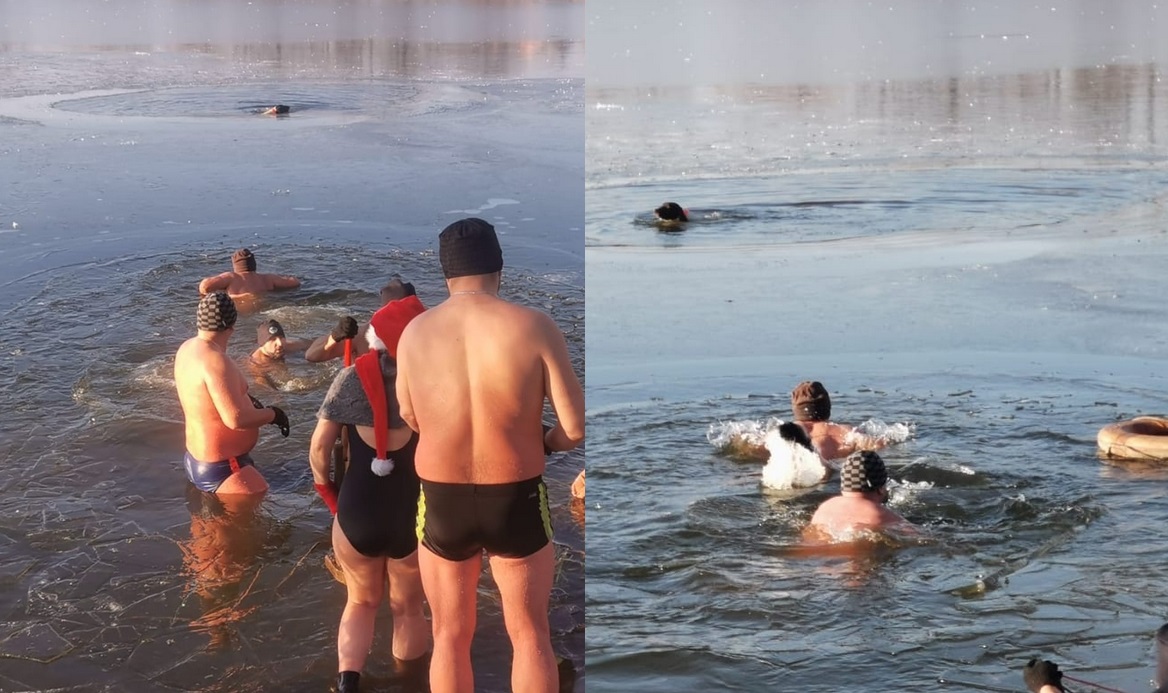 Środa Śląska: panowie wybrali się na morsowanie i przy okazji uratowali psa tonącego w przerębli