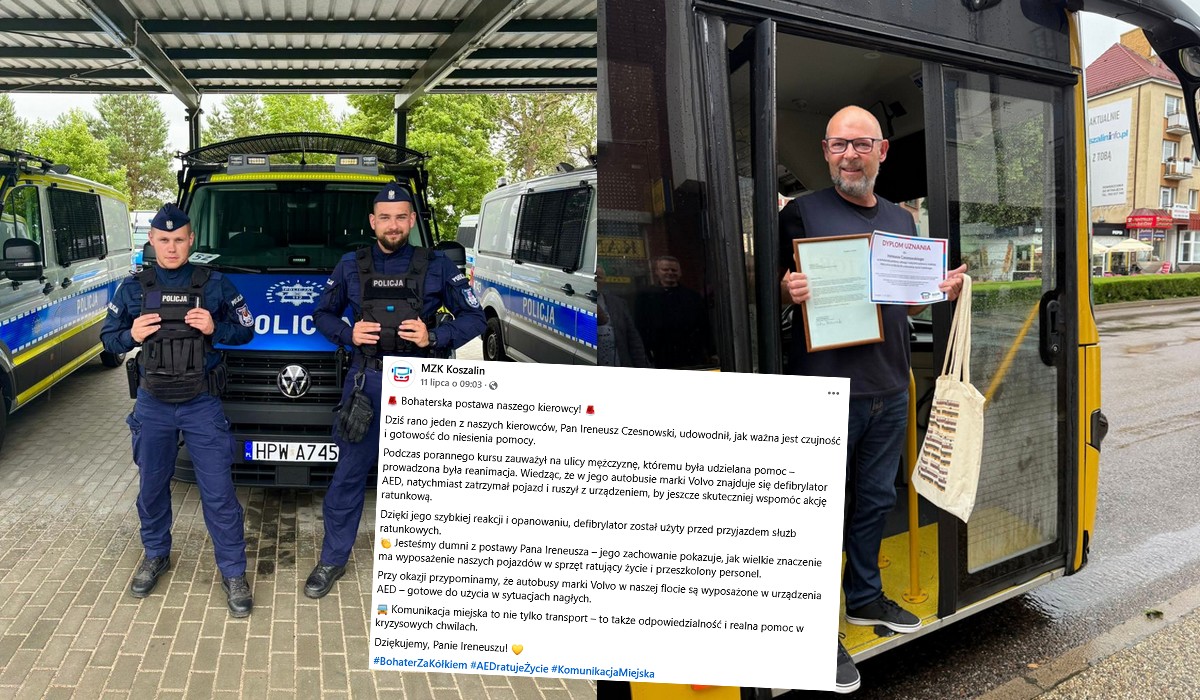 Koszalin: dwóch policjantów i kierowca autobusu elegancko ogarnęli AED i pomogli uratować życie przechodnia