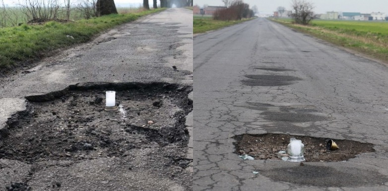 Sołtys oznaczył dziury w drodze zniczami