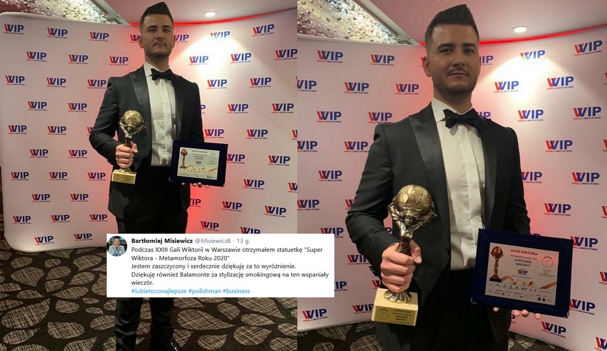 Odpicowany Bartłomiej Misiewicz chwali się nagrodą za "metamorfozę roku"