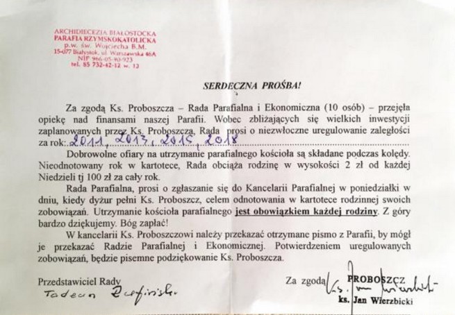 Parafia wzywa emerytkę do zapłaty 400 złotych. "Utrzymanie kościoła parafialnego jest obowiązkiem każdej rodziny"