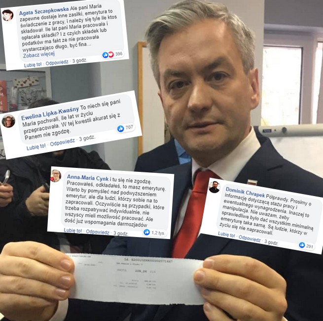 Biedroń pokazuje emeryturę pani z Płocka: 228 zł. Fani Biedronia: no to co? a ile pracowała?