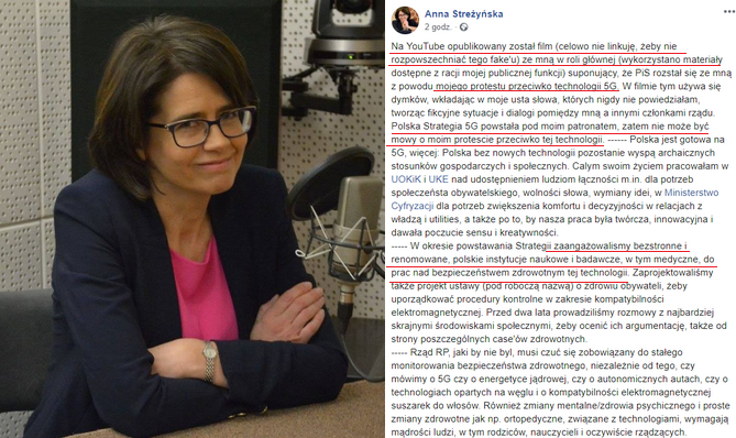 Anna Streżyńska: krąży fejkowy film z moim wizerunkiem, fałszywie ostrzega przed 5G 