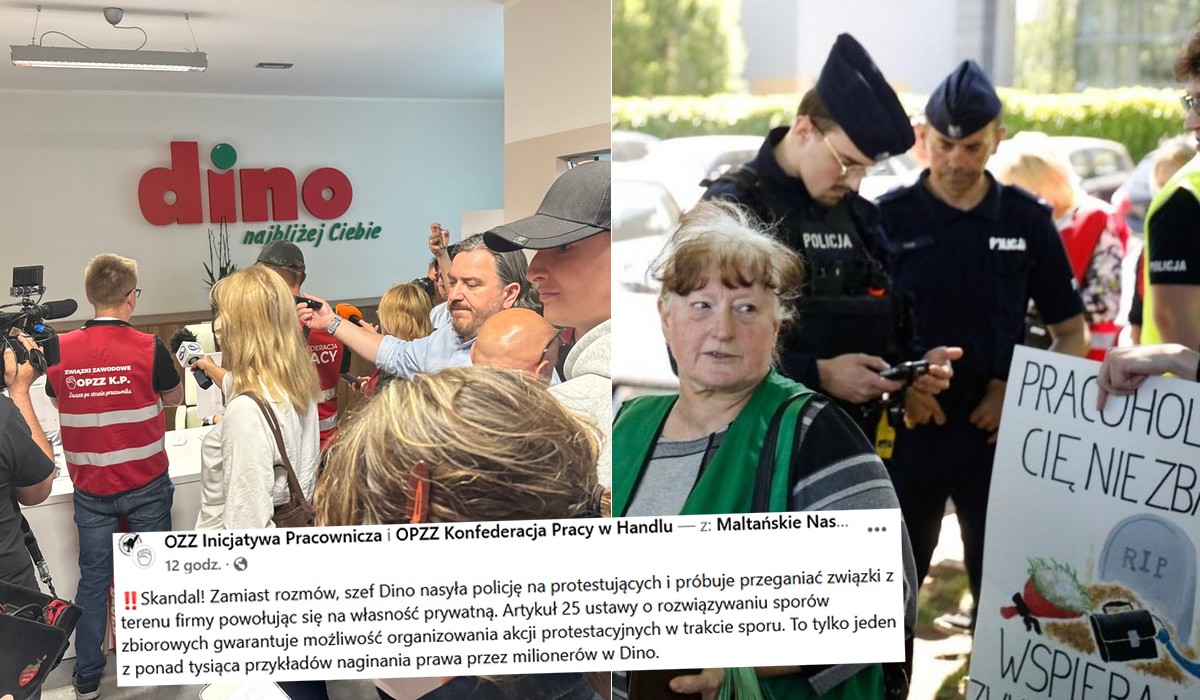 Pracownicy Dino alarmują: szef nasyła policję na protestujących i próbuje przeganiać związkowców