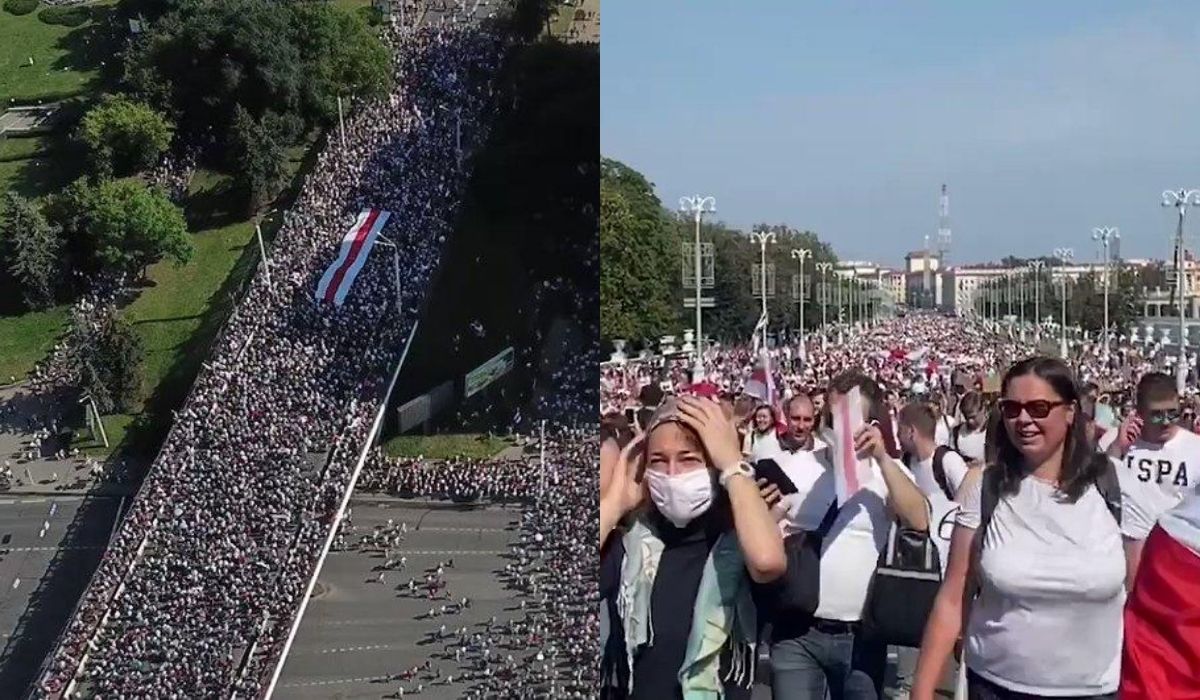 Wielotysięczny marsz w Mińsku w 66. urodziny Łukaszenki, ponad 100 zatrzymanych