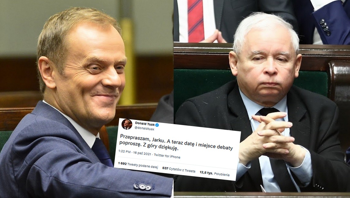 Prezes Kaczyński zażądał przeprosin Tuska jako warunku debaty, Tusk przeprosił, czeka na miejsce i datę