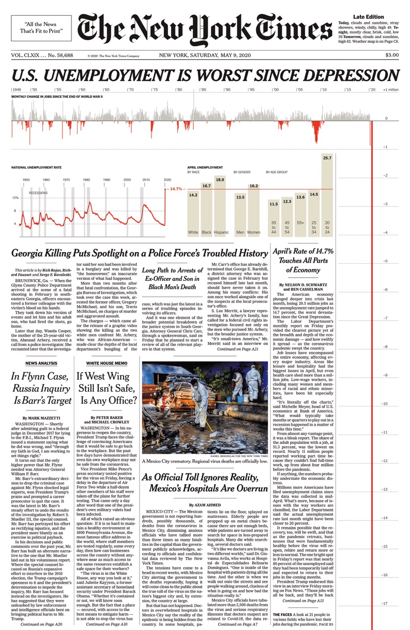 New York Times pokazuje na okładce skalę bezrobocia w USA 