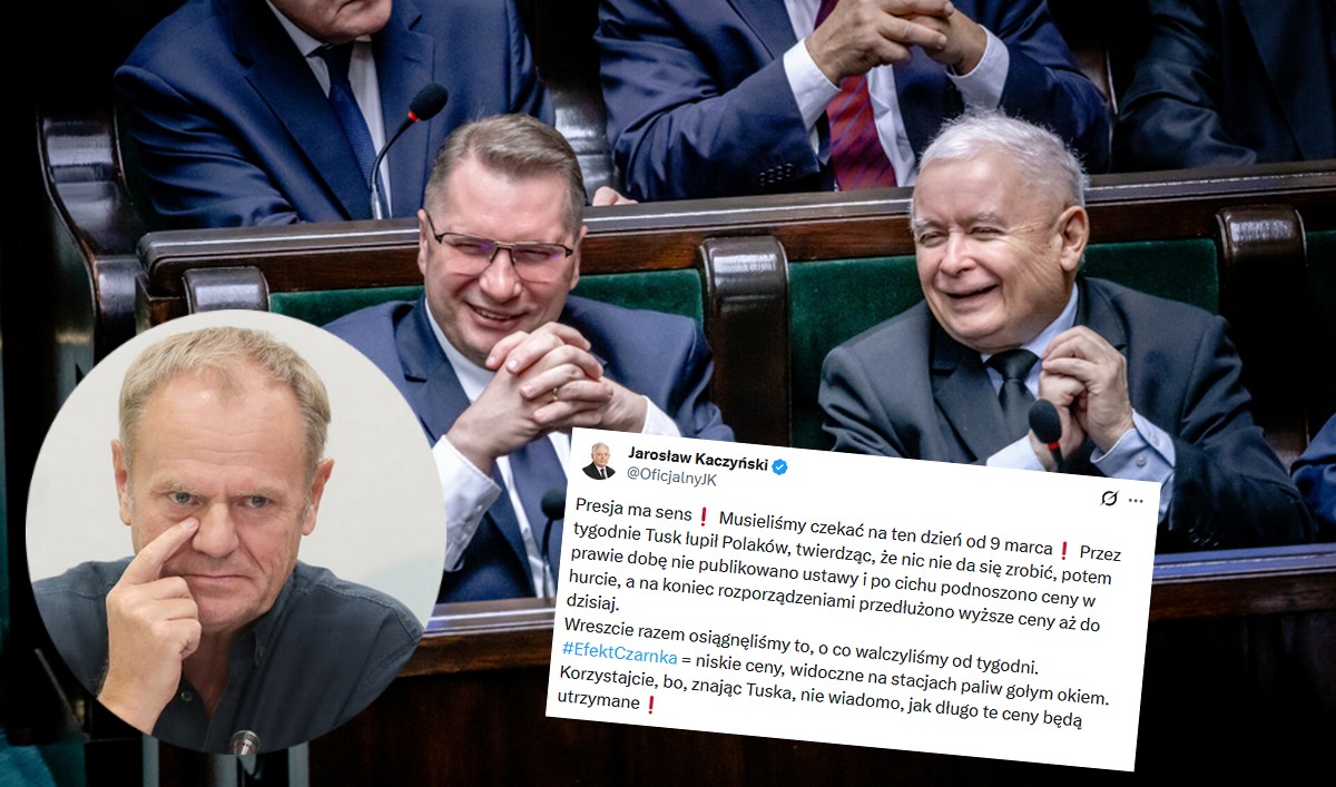 Prezes Kaczyński ogłosił sukces "efektu Czarnka", czyli obniżki cen paliwa