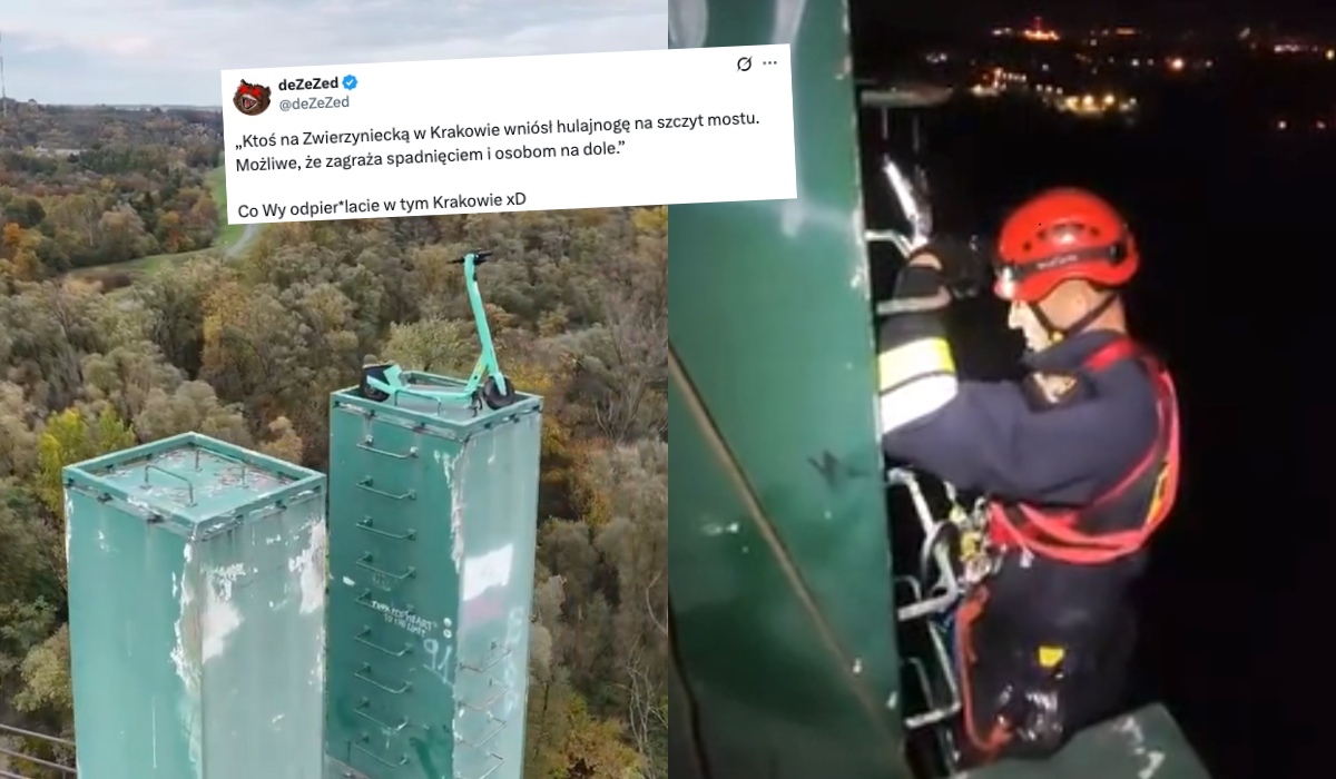 Kraków: strażacy ściągnęli hulajnogę, którą ktoś zostawił 40 metrów nad ziemią
