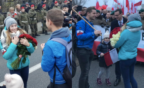 Zaręczyny na trasie marszu w Warszawie. Parze pogratulował Morawiecki
