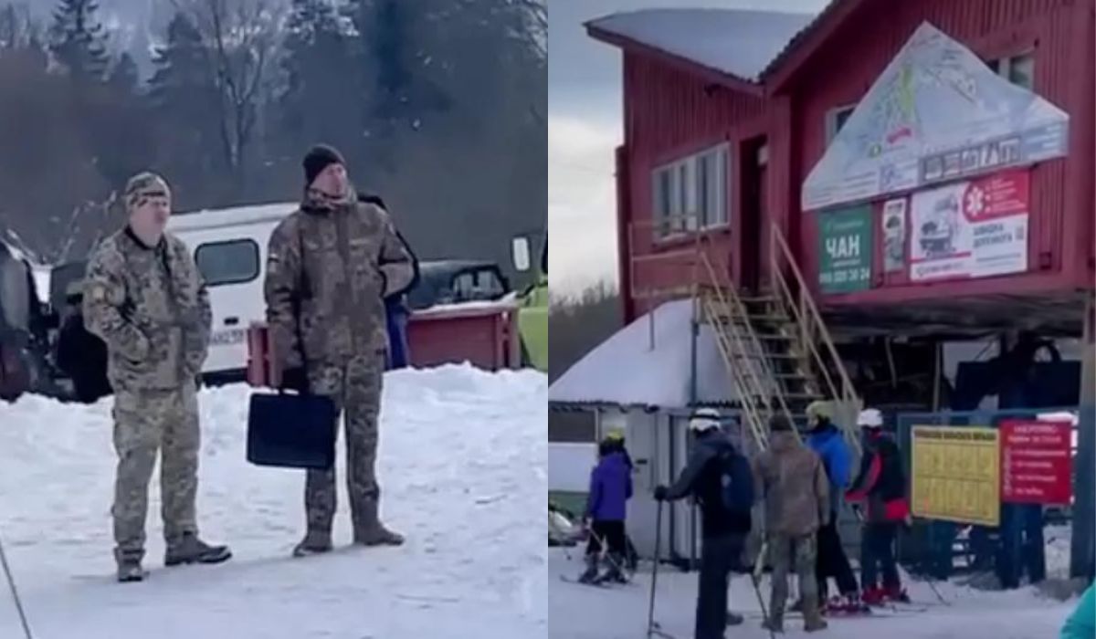 Ukraina: żandarmi na stoku narciarskim wręczają narciarzom wezwania do wojska