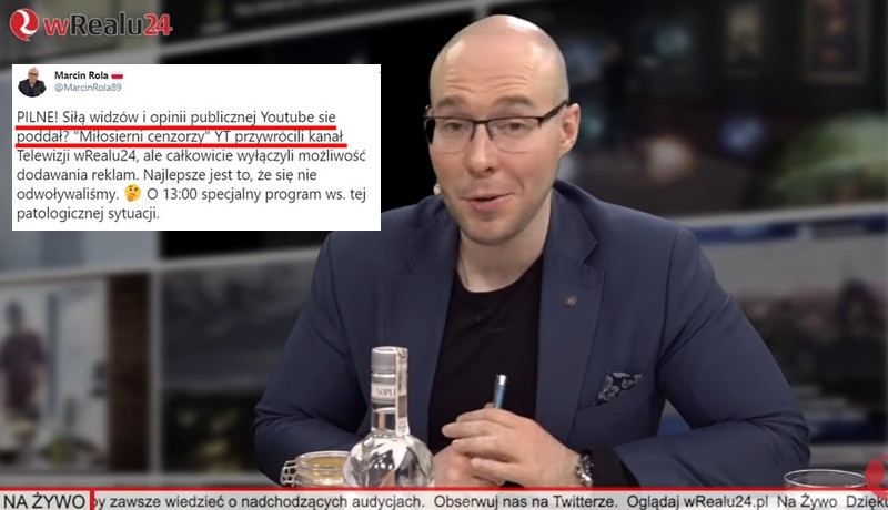 YouTube przywrócił kanał Marcina Roli wRealu24, Rola komentuje: "miłosierni cenzorzy"
