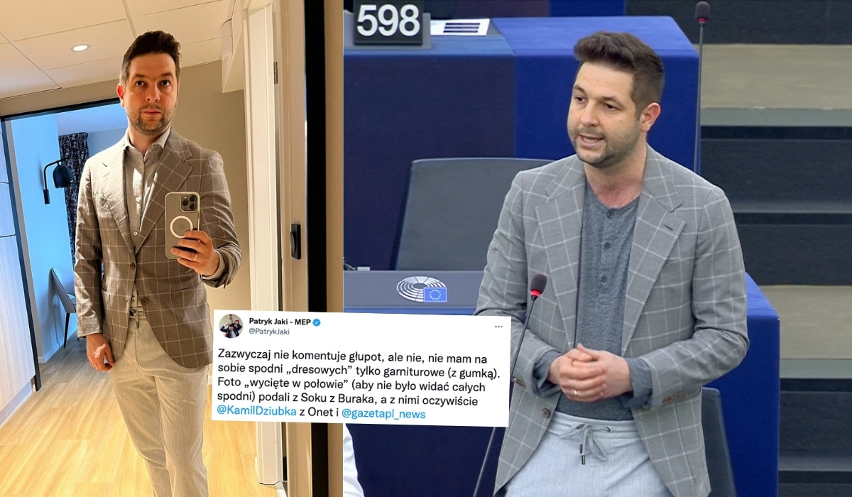 Patryk Jaki wyjaśnia, że w Europarlamencie nie miał na sobie spodni dresowych, ale "garniturowe z gumką"