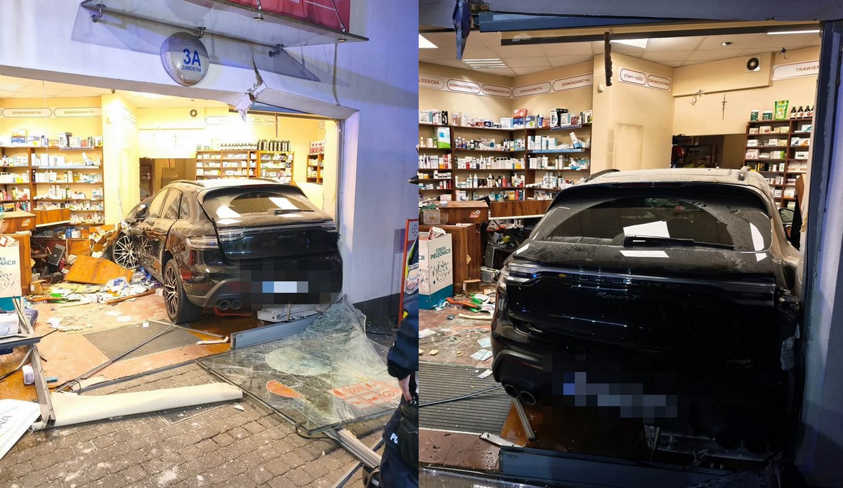 Bolszewo: bardzo nietrzeźwa pani w Porsche wjechała do czynnej apteki przez witrynę