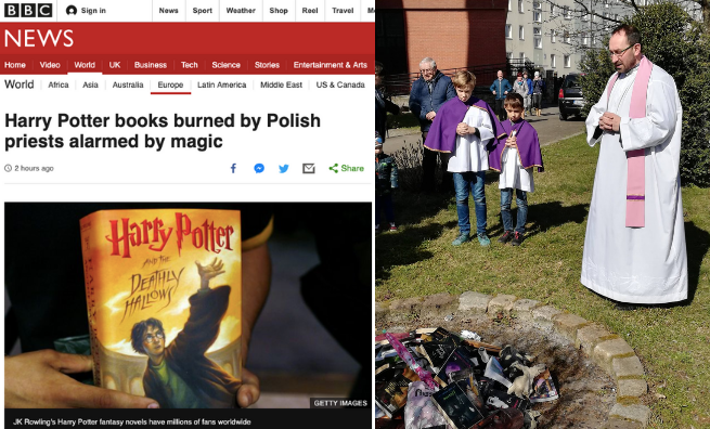 BBC o paleniu książek w polskim kościele, urażeni, że Harry Potter na stosie