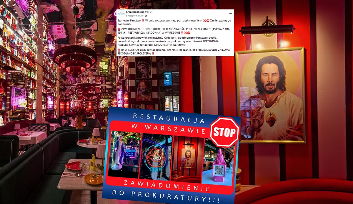 Katolicka organizacja zachęca do zgłaszania restauracji "Madonna" do prokuratury m.in. za obraz Keanu Reevesa-Jezusa