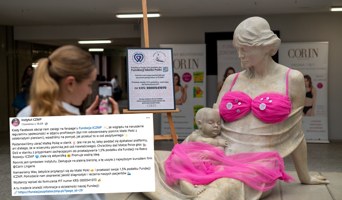 Rzeźba Matki Polki dostała stanik, żeby pomóc szpitalowi z zasięgami na Facebooku i wspomóc kampanię społeczną