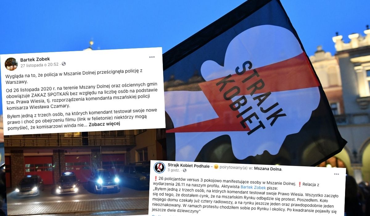 Mszana Dolna: sześć radiowozów pilnowało 3-osobowego Strajku Kobiet