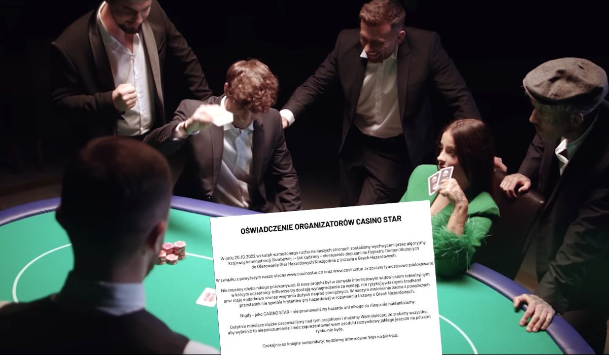 Gala "Casino Star", na której influencerzy mieli grać sobie w pokera, została zablokowana przez Ministerstwo Finansów