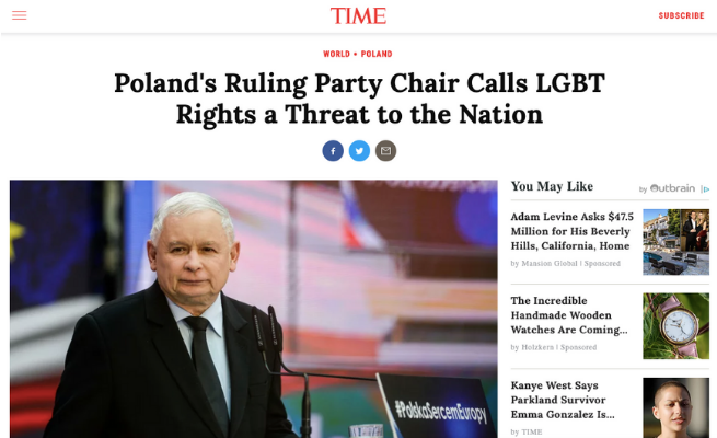 "Time" o Kaczyńskim: lider partii rządzącej nazywa prawa LGBT zagrożeniem dla narodu 