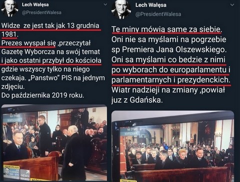 Lech Wałęsa skasował tweety o pogrzebie Jana Olszewskiego