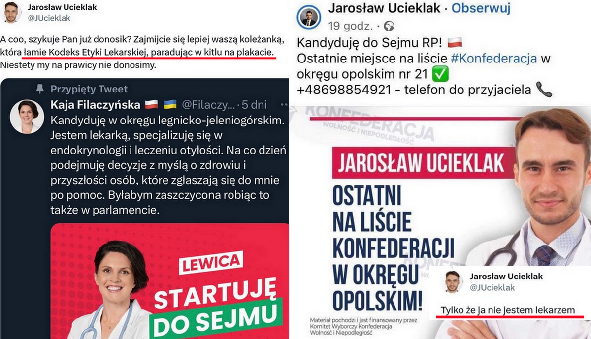 Kandydat Konfederacji w kitlu na plakacie wyborczym krytykuje kandydatkę Lewicy za kitel na plakacie wyborczym