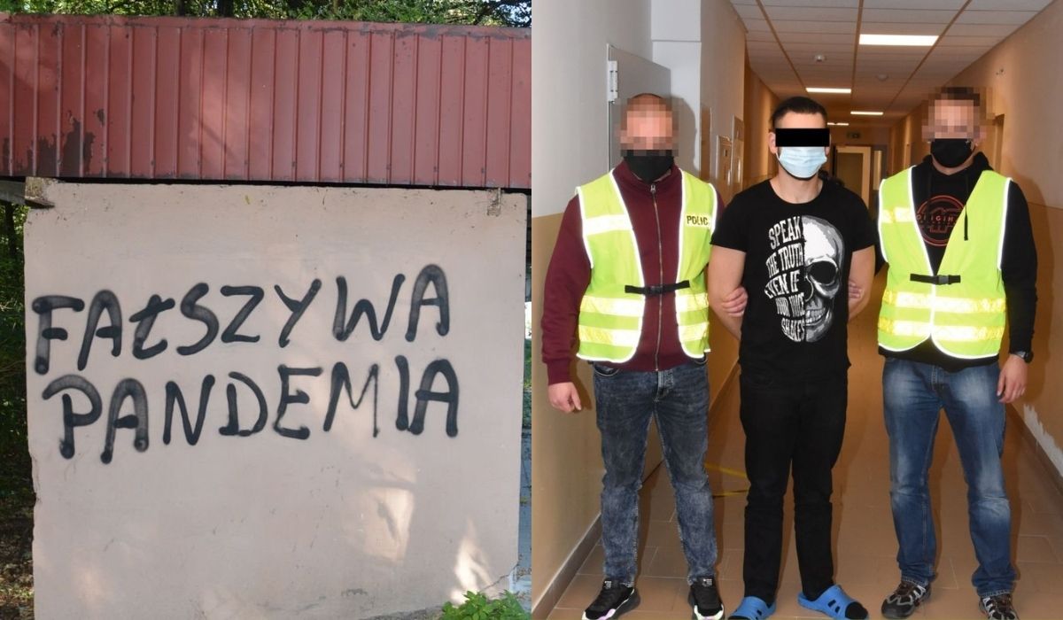 Zamość: policja zatrzymała antyszczepów-graficiarzy, malowali szurskie hasła i znak Polski Walczącej