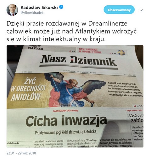 Sikorski: "Już nad Atlantykiem wdrażam się w klimat intelektualny w kraju"